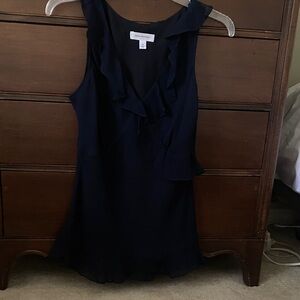 Isaac Mizrahi Collection Navy Ruffle V-Neck Silk Top